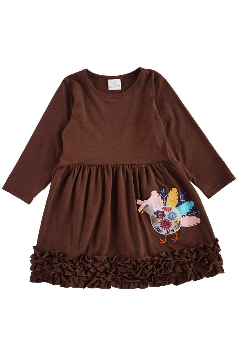 Turkey Appliqué Brown Ruffle Dress