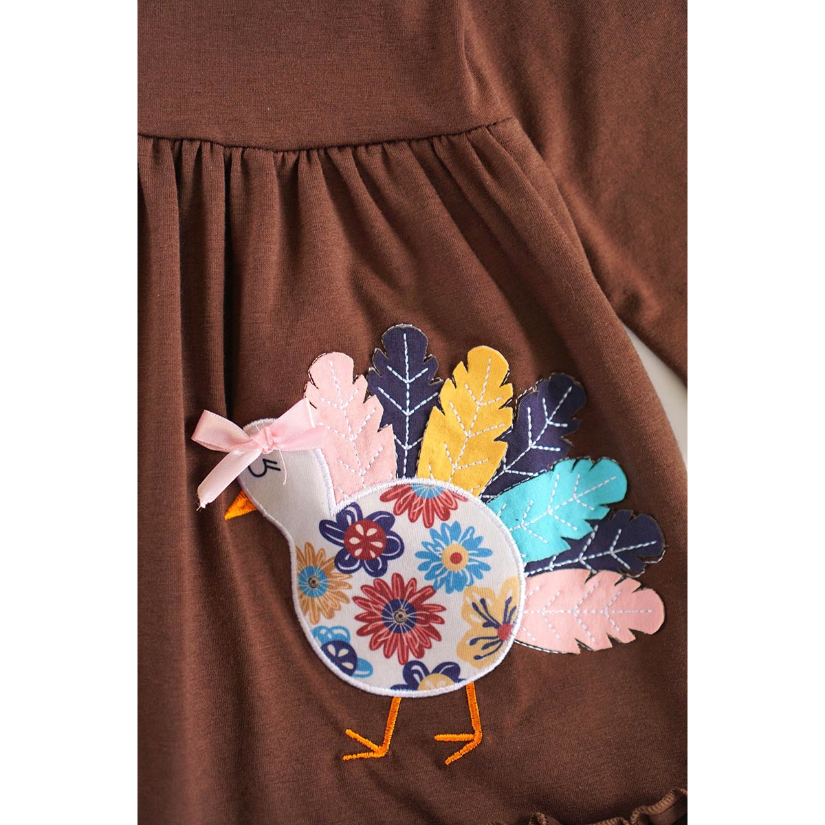 Turkey Appliqué Brown Ruffle Dress