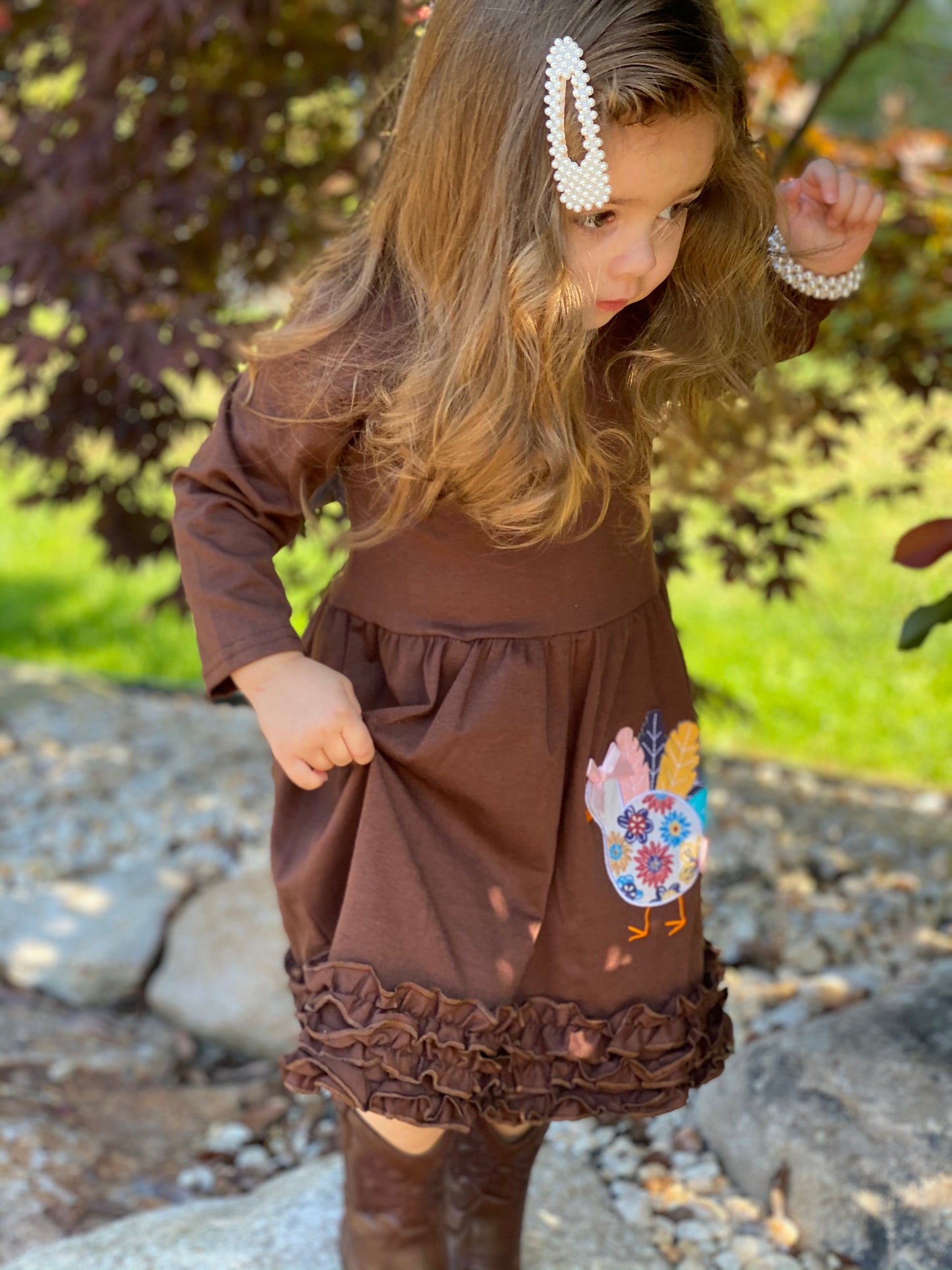 Turkey Appliqué Brown Ruffle Dress