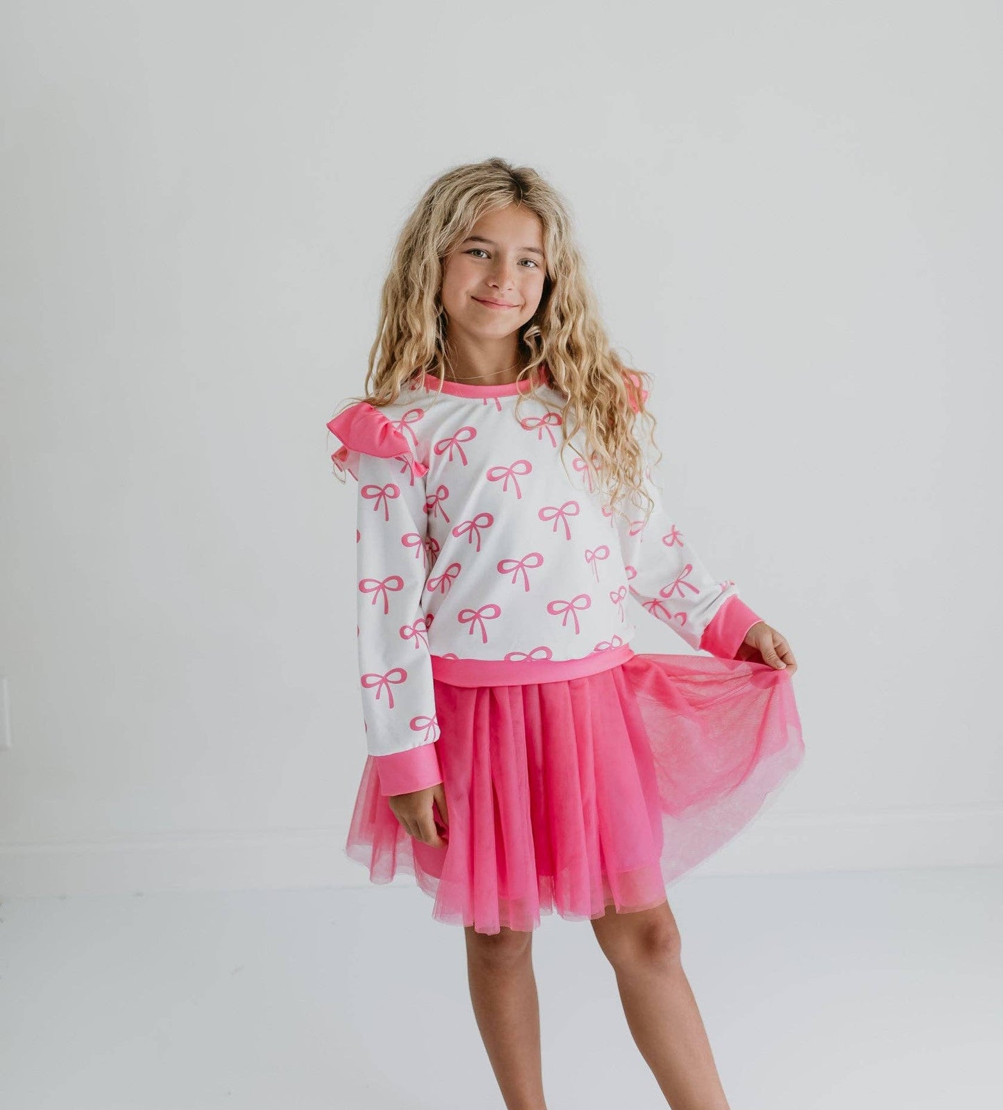 Girls White & Hot Pink Coquette Bow and Tulle Skirt Set
