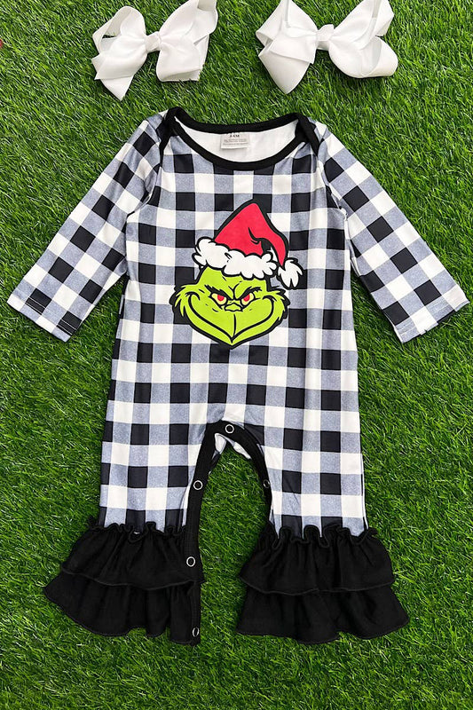 Black and White Checker Green Guy Romper