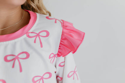 Girls White & Hot Pink Coquette Bow and Tulle Skirt Set