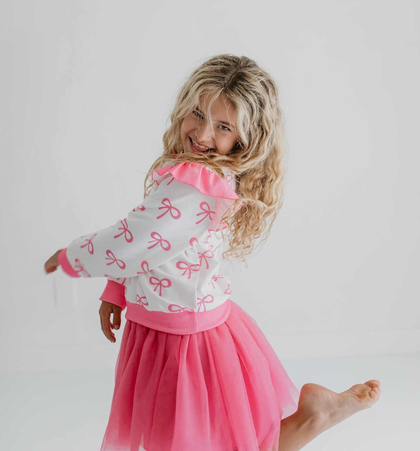 Girls White & Hot Pink Coquette Bow and Tulle Skirt Set