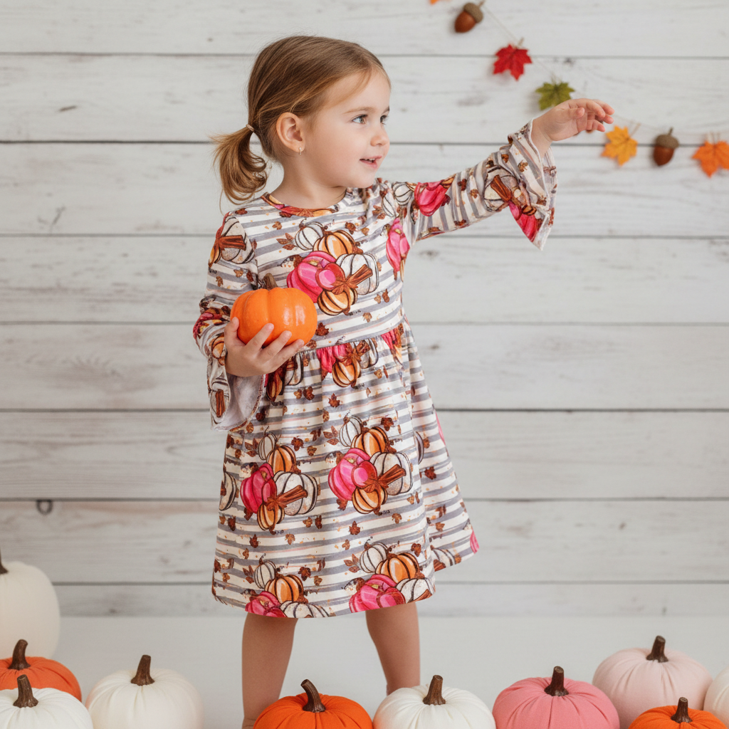 Pink/Orange Bell Sleeve Pumpkin  Dress