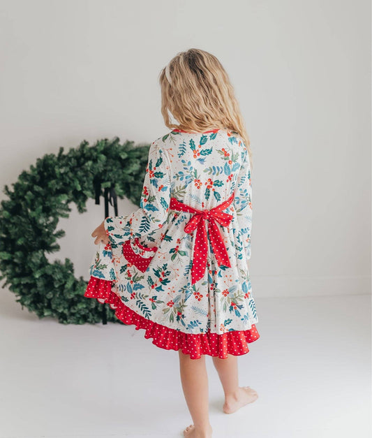 Kids Red & Green Holly Ruffle Button Pocket Tie Back Dress