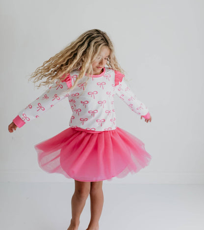 Girls White & Hot Pink Coquette Bow and Tulle Skirt Set