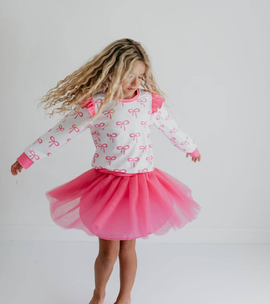 Girls White & Hot Pink Coquette Bow and Tulle Skirt Set