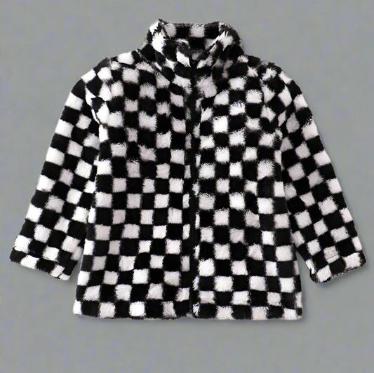 Black and White Checkered Sherpa Zipper jacket