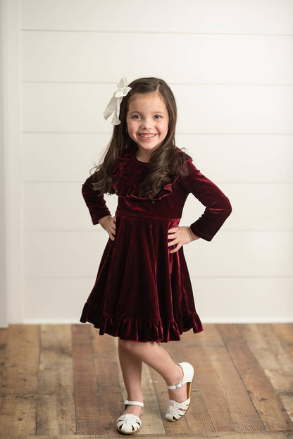Wine Velvet Ruffle Fancy Winter Christmas Holiday Dress