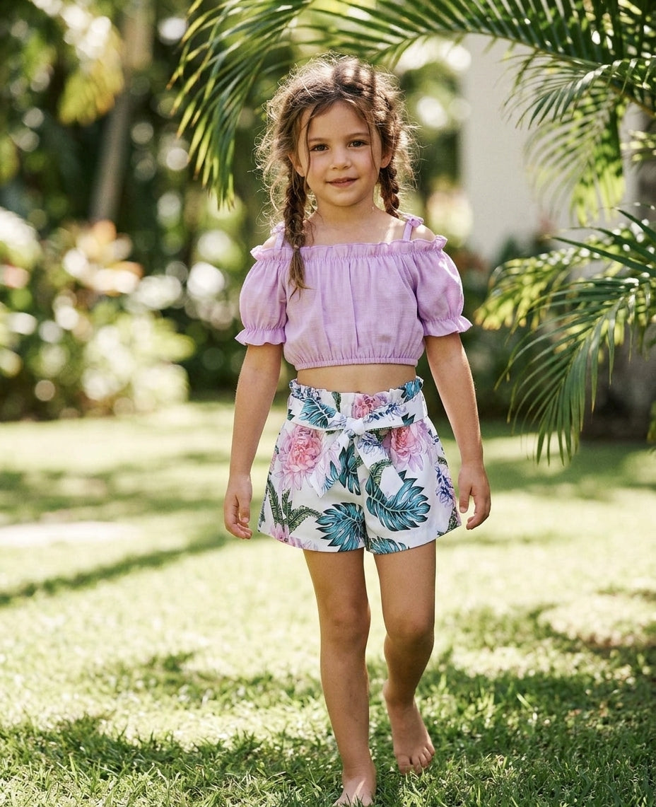 Lavender Off the Shoulder Crop Top with Palm Tree Paper Bag Shorts
