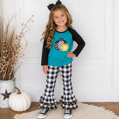 Teal Buffalo Plaid Pumpkin Bells Set