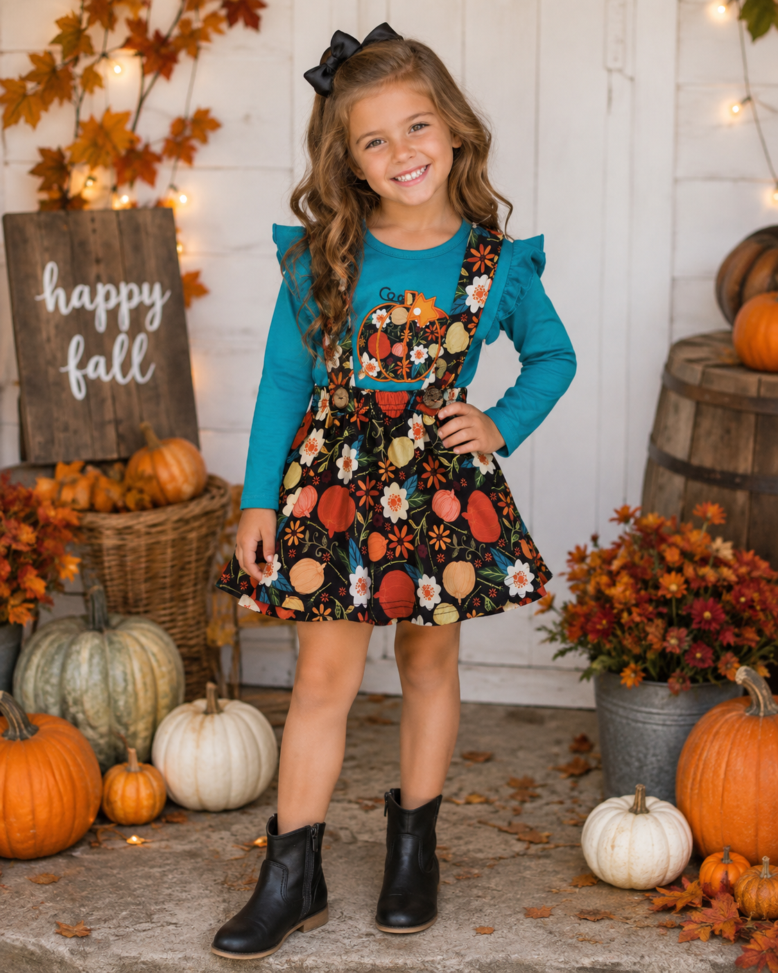 Teal Pumpkin Tunic with Floral Suspender Skirt Set