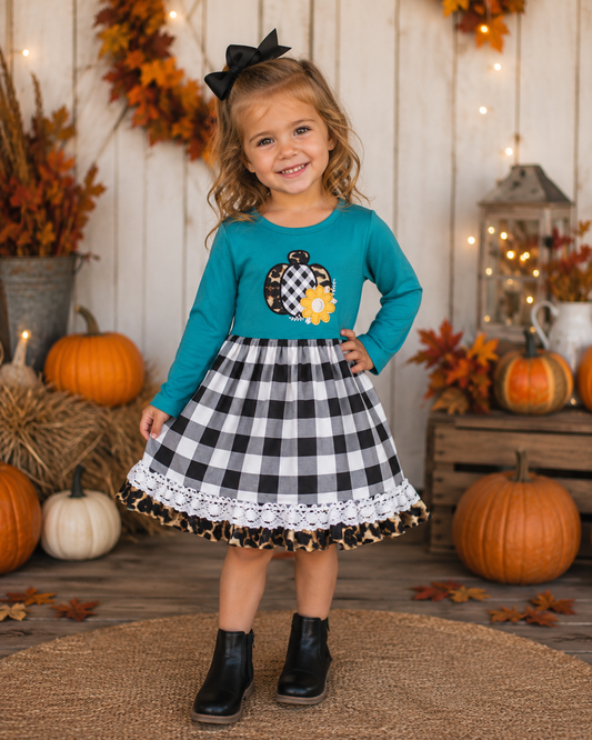 Teal Buffalo Plaid Pumpkin Leopard Lace Dress