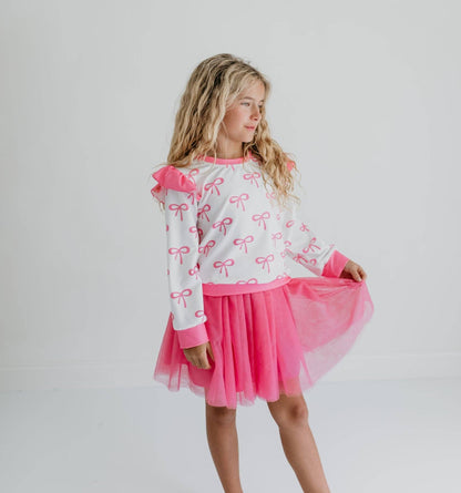 Girls White & Hot Pink Coquette Bow and Tulle Skirt Set