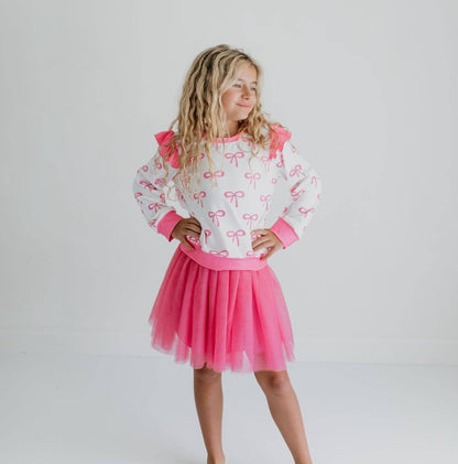 Girls White & Hot Pink Coquette Bow and Tulle Skirt Set
