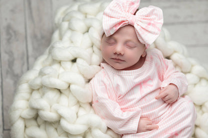 Infant Girls Pink Bows Baby Gown and Bow Headband Set