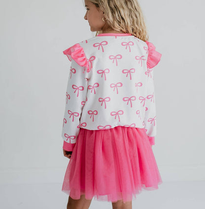 Girls White & Hot Pink Coquette Bow and Tulle Skirt Set