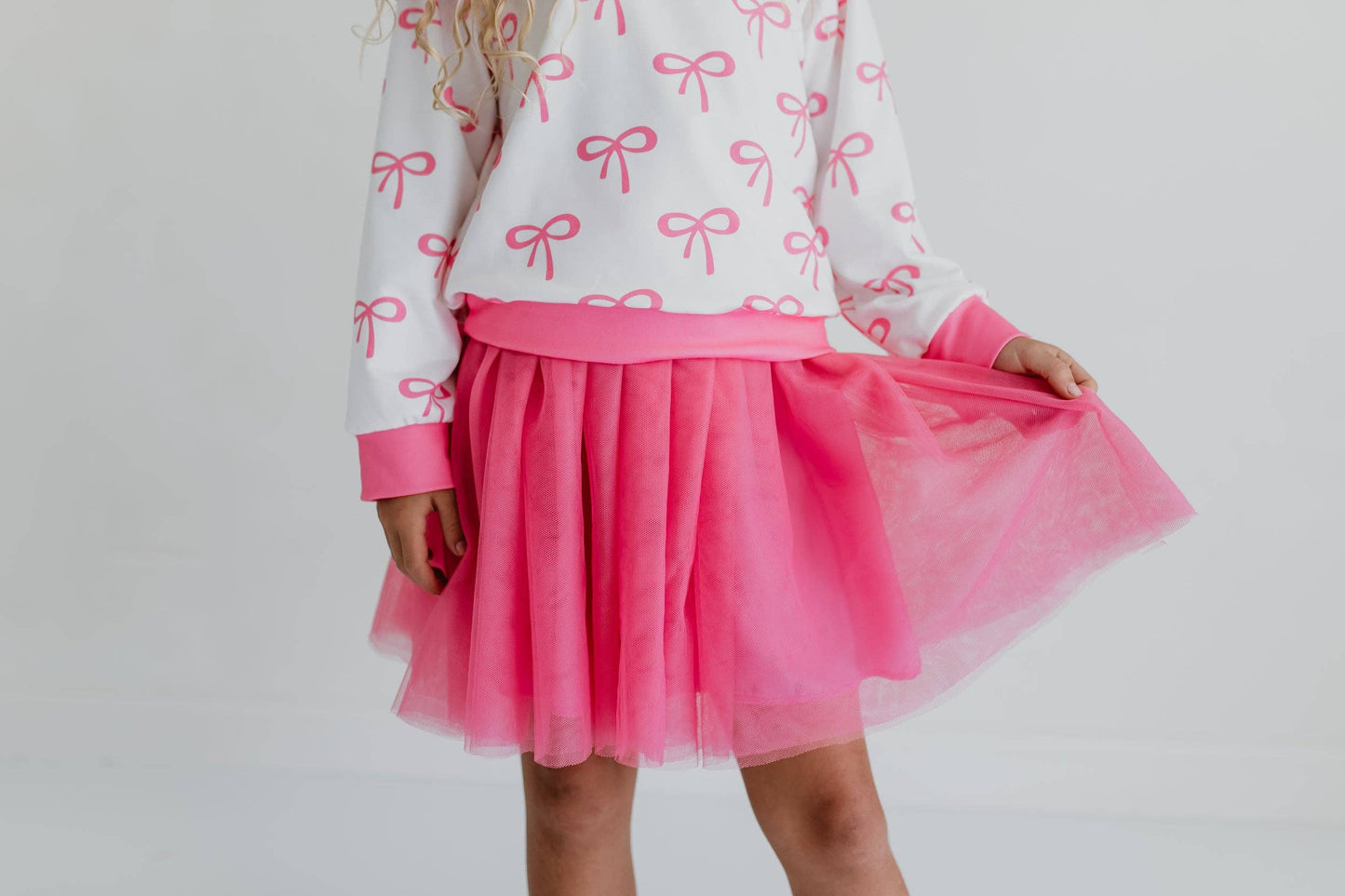 Girls White & Hot Pink Coquette Bow and Tulle Skirt Set