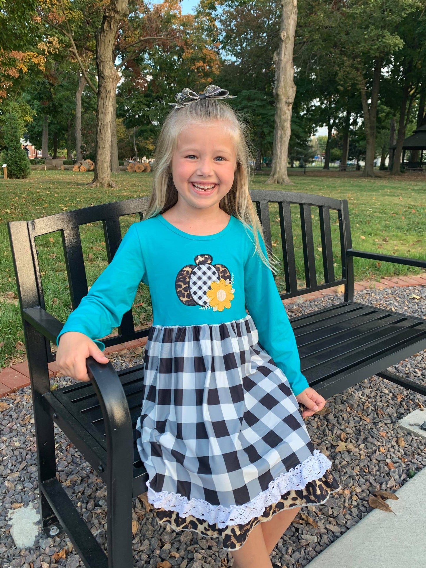 Teal Buffalo Plaid Pumpkin Leopard Lace Dress