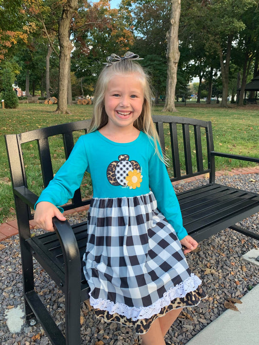 Teal Buffalo Plaid Pumpkin Leopard Lace Dress