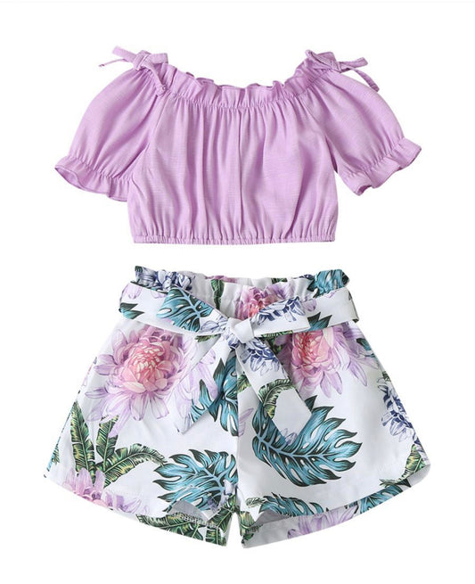 Lavender Off the Shoulder Crop Top with Palm Tree Paper Bag Shorts