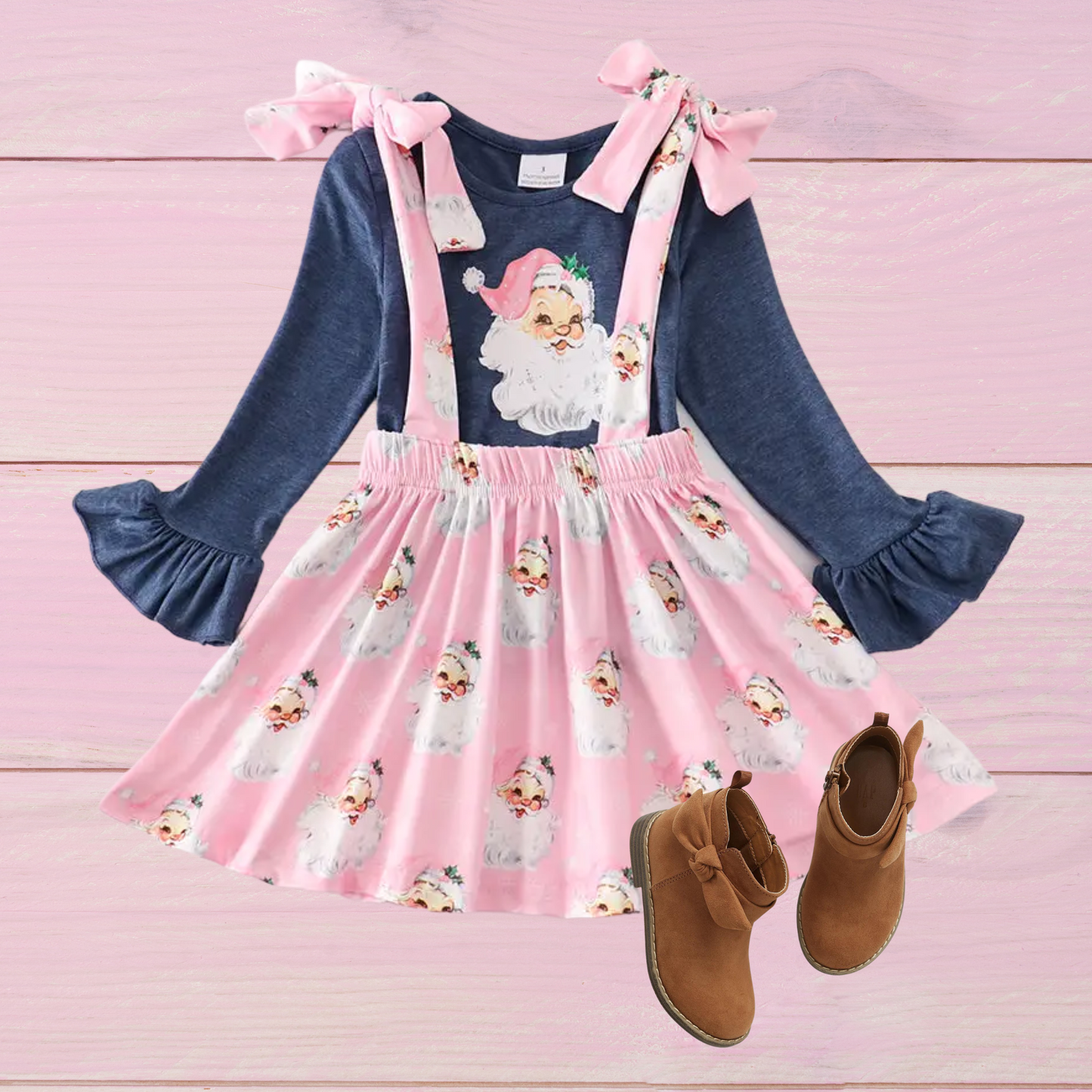 Navy Pink Santa Applique Suspenders Dress Set