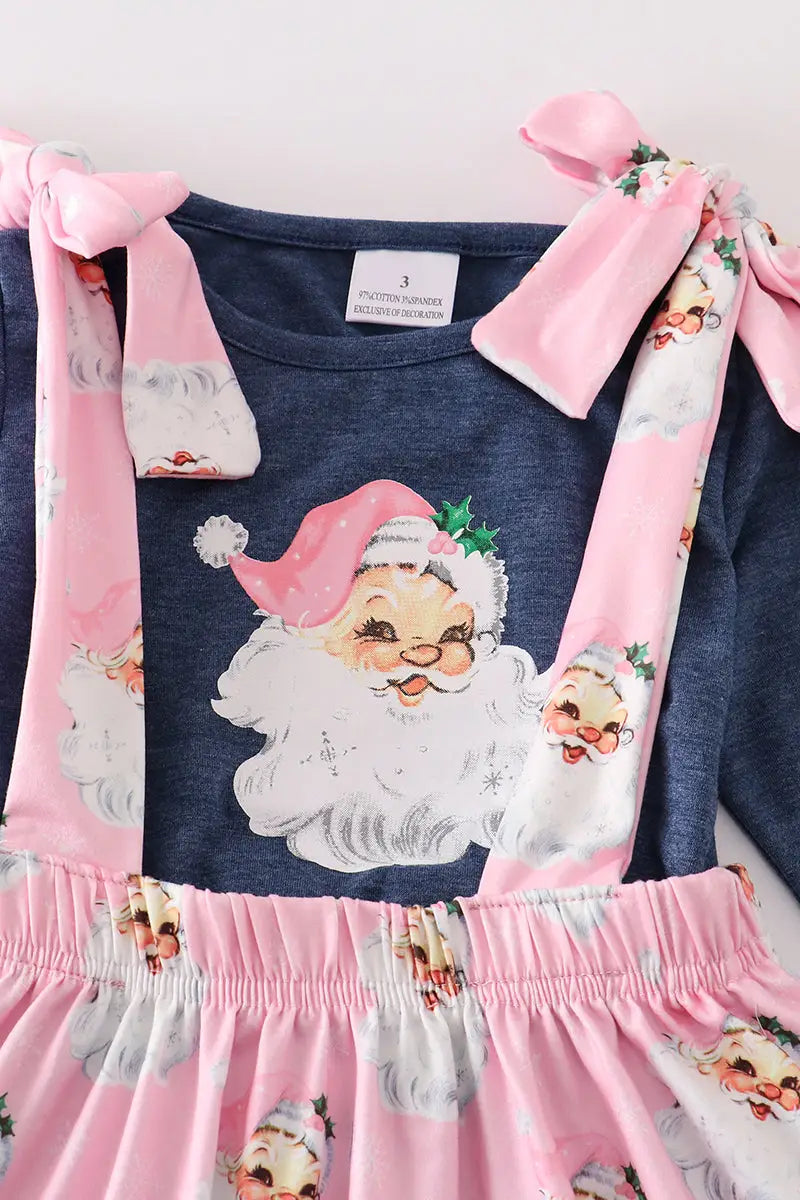 Navy Pink Santa Applique Suspenders Dress Set