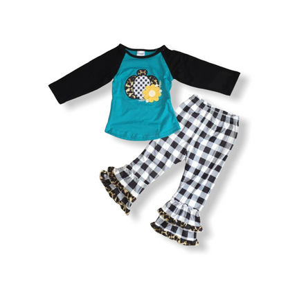 Teal Buffalo Plaid Pumpkin Bells Set