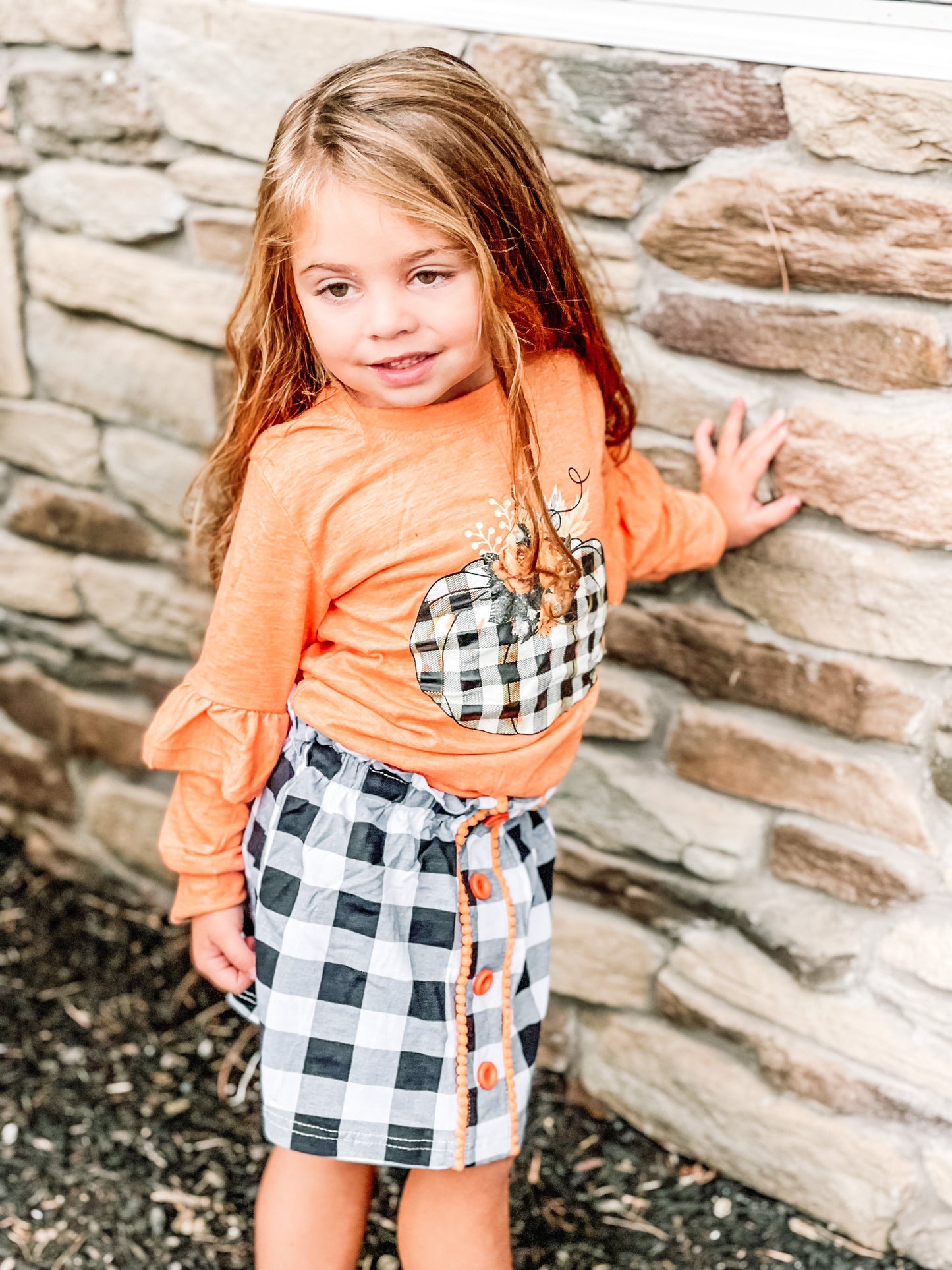 Orange Pumpkin Plaid Skirt Set