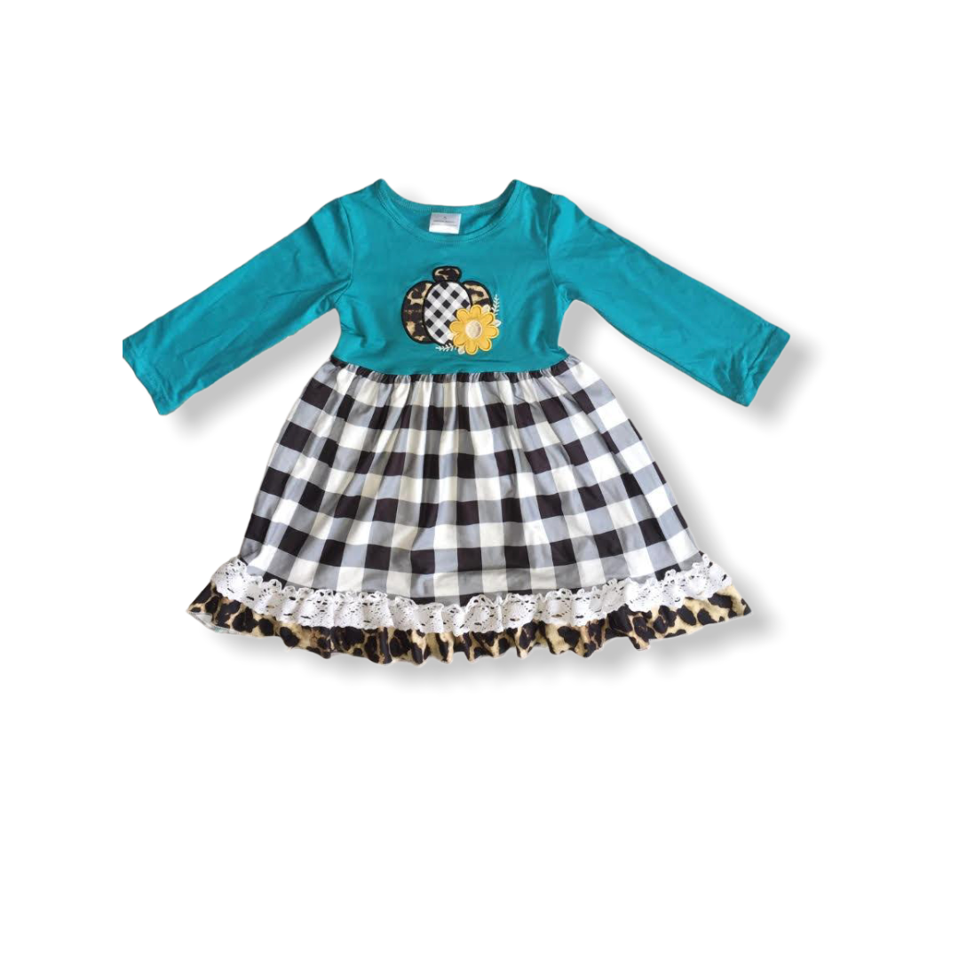 Teal Buffalo Plaid Pumpkin Leopard Lace Dress