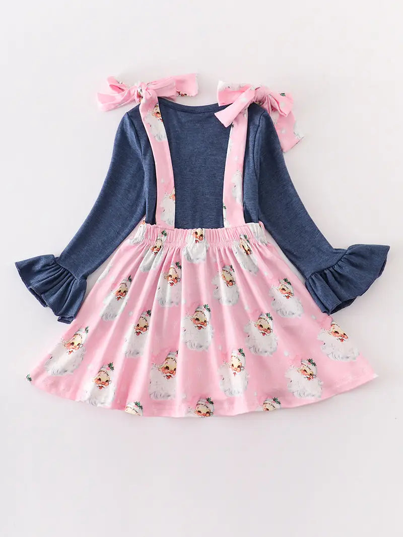 Navy Pink Santa Applique Suspenders Dress Set