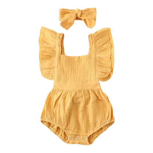 Mustard Flutter Sleeve Romper with Bow