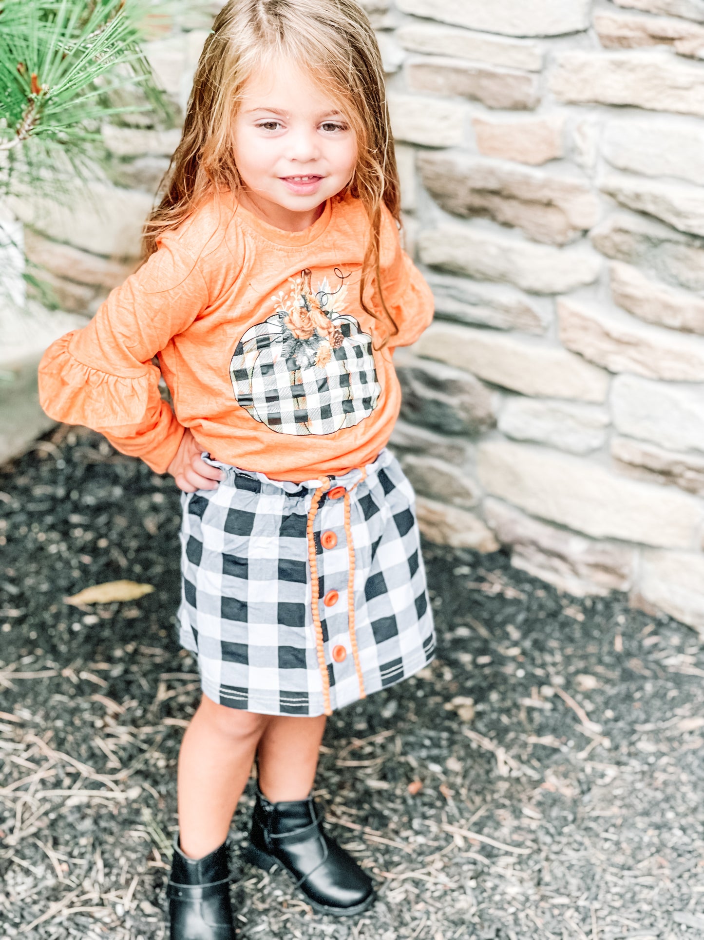 Orange Pumpkin Plaid Skirt Set