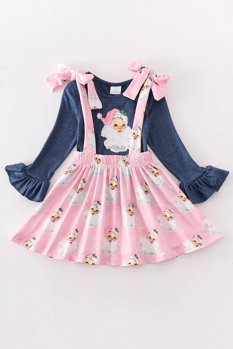 Navy Pink Santa Applique Suspenders Dress Set